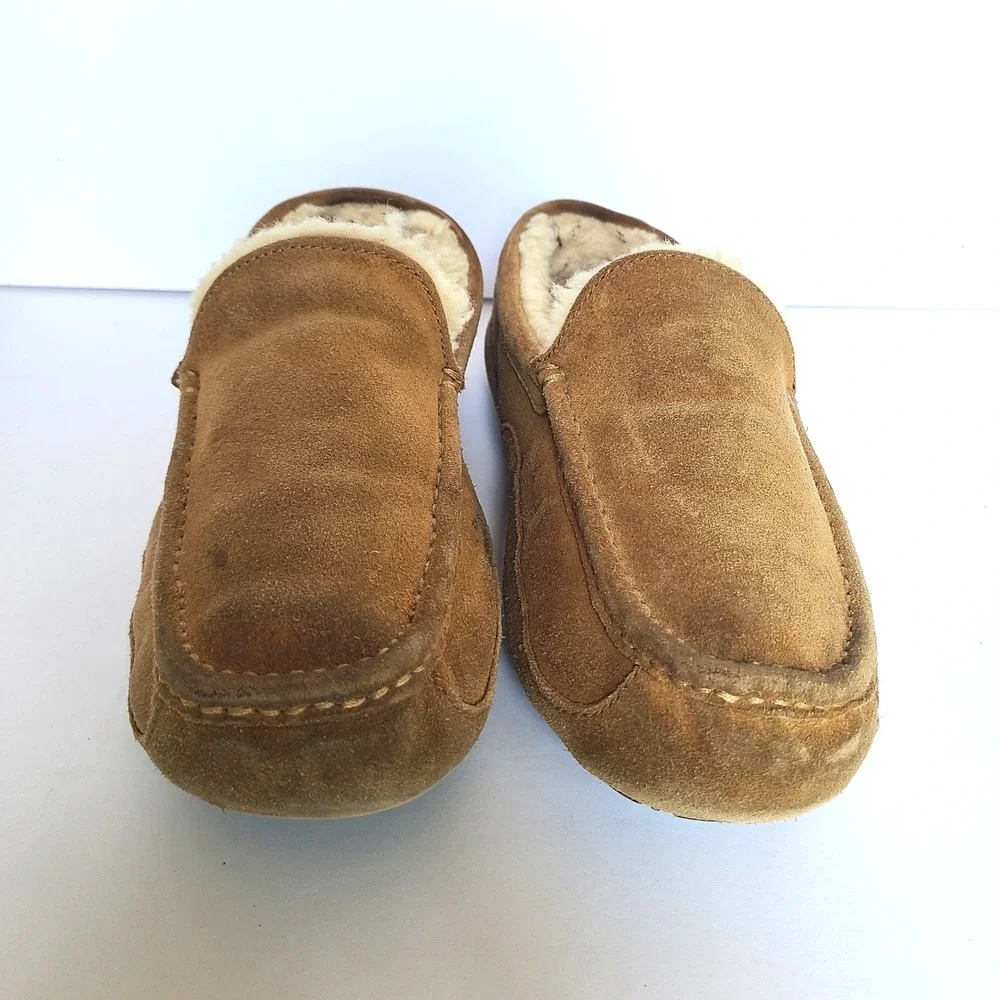 UGG Mens US 10 Ascot‎ Moccasin Moc Slippers Suede Shearling Lined Wool Tan Brown